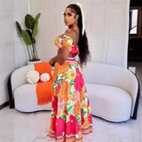 Fongt 2025 New One-Word Shoulder Color Floral Print Short Top Dress Set Two