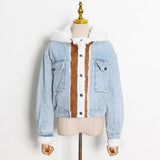 Fongt Blue Denim Lamb Hair Spring 2024 New Splicing Personality Single Breasted Short Coat Woman-Outfit