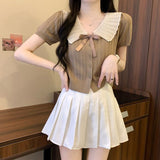 Fongt Bow Hit Color Doll Cardigan Knitted Women's Summer Little Yang Short