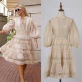 Fongt Dress Eugen Yarn Half-Open Lantern Sleeve Middle Sleeve Dress Lace Lace To Receive Waist Skirt
