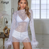 Sexy Long Sleeve Feather Dresses for Women 2022 Fashion Rhinestone Female Clothing Hollow Out Fishnet See Through
