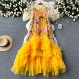 Fongt Retro Court Style Design With A Sense Of Fashion Print Splicing Mesh Tau Pong Irregular Lotus Leaf-Side Dress Woman