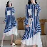 Clothing Striped Spliced Dresses Stylish Asymmetrical Fake Two Pieces Spring Autumn Polo-Neck Single-breasted Midi Dress-Outfit