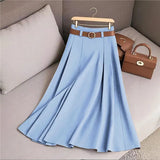 Fongt Women's Spring And Autumn Solid Color Casual Bvy Skirt With Belt