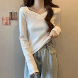 Fongt New Fall Of 2024 Wears A V-Neck Bottom Shirt With A Female Design Long-Sleeve T-Shirt Students Slim German Velvet