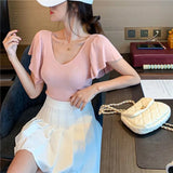 Fongt Small Sexy V-Neck T-Shirt Summer Pink Top Women's Lotus Side Of The Ocean With Thin Collarbones Cover Short