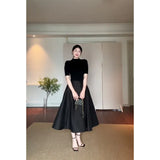 Fongt Fashion Suit Pure Color Shoulder Five-Sleeve Top In Autumn Waist French Black Dress