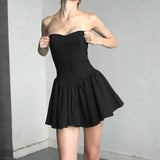 Wind Design Sensitive Fishbone Waist Wipe Chest Skirt 2024 New Summer Temperament Age-Reduced Bare-Back Canopy Small Black Skirt-Outfit