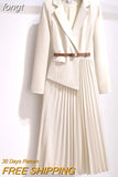 Women's Dress Notched Chiffon Elegant Dresses for Women 2023 Spring Pleated White Dress Belt Knee-Length Solid OL Woman