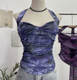 Fongt Shot Tie-Dye-Dyed Denim Print Folding Mesh Sling Sling Sling Neck With Bow Striped Backwear 9921