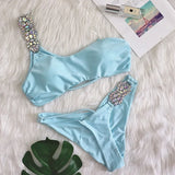 Diamond Bikini 2021 Sexy Solid One Shoulder High Cut Push Up Swimsuit Female Crystal Bathing Suit Brazilian Thong