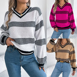 Shooting 2025 Autumn And Winter V-Necked Striped Striped Lantern Long-Sleeved Jacket Sweater Women's