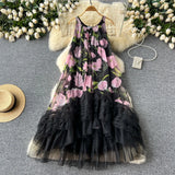 Fongt Retro Court Style Design With A Sense Of Fashion Print Splicing Mesh Tau Pong Irregular Lotus Leaf-Side Dress Woman