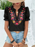 Fongt Flower Embroidered Lotus Leaf-Side Shirt Women V-Necked Coated Women