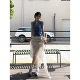Fongt Girls Wear Bow Print Hanging Neck Vest Women High Waist Design Screen Irregular Skirt
