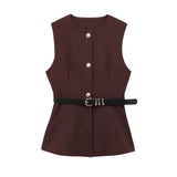 Fongt 2025 New Women's Round-Neck With Sleeveless Belt Vest Women's Top