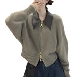 Fongt Goods Sweater Coat Women's Leather POLO Collar Stitching Knit Cardigan Zipper Lazy Wind 2024 Autumn / Winter New Top-Outfit