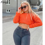Women Fashion Cropped Knitted Sweater Solid Color Round Neck Long Sleeve Pullovers Spring Autumn Casual