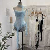 Fongt Lace Splicing Irregular Lotus Leaf Edge Ribbon Sling Vest Round Neck Sexy Sleeveless Top 1218