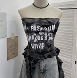 Fongt Shooting Hottie Camouflage Letter Print Chest Vest With Chest Pad Irregular Ribbon Short Top 8088