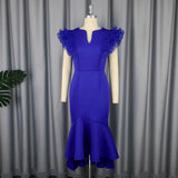 Fongt Lotus Leaves Folded Short-Sleeved Dress Banquet Temperament High-Waisted Fishtail Dress Dresses