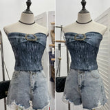 Fongt Style Retro Brae Waist-Dyed Wear Sexy Shoulder-Wrapped Sleeveless Top 8886