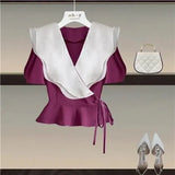Women Summer Elegant Two Pieces Set Office Ladies Elegant Ruffles Patchwork Lace Up Tops And Split Flare Long Pants Sets