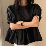 Fongt Chic Summer Careful Machine Back Hollow Tie Doll Shirt Female Loose Solid Color Bubble Sleeves Shirt Jacket-Outfit
