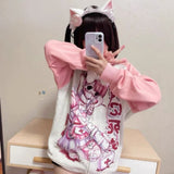 Sweet Cartoon Thin Pink Weatshirts Y2k E-Girl Long Sleeve Zipper Coat Women 2024 New Mid-length Loose Tops Mujer-Outfit