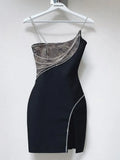 2023 Summer Ladies New Mesh Sling Sling Diamond Split Sexy Bodycon Black Dress Fashion Celebrity Club Evening