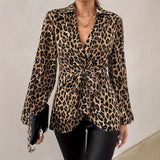Fongt Top 2025 Spring New Leopard Print Tie With V-Neck Temperament Long-Sleeved Shirt
