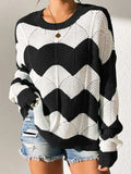 Fongt Yang Autumn New Fur Women's Loose Round Collar Hit The Striped Long-Sleeved Knitted Shirt Top
