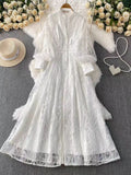 Fongt Retro Elegant Dress Woman 2025 New High-End Collar Single Buckle Waist Embroidery Mesh Dress