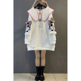 Japanese Cute Cat Embroidery Peter Pan Collar Oversized Sweatshirt Students Girls Black White Pullover Korean Kawaii Clothes-Outfit