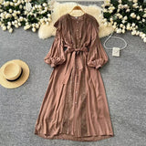 Fongt And Autumn New French Retro Hollow Hook Lace Spliced Lantern Sleeve Dress Strapped Waist Temperament Dress