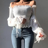 Spring Fashion Women Long Sleeve Off Shoulder Cropped Tops Solid Color Pleated Bow Blouse Ladies Shirt Lace Up Corset
