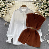 Fongt Style Suit Women's Casual Long-Sleeved Shirt + Waist V-Neckless Knitted Vest Two-Piece Set