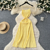Fongt Dress Women 2025 New Gentle Wind Temperament Slings Waists Thin Vertical Knitted Dress Inside The Long Skirt