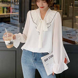 White Bow 2023 Sweet Chiffon Blouses Loose Tops Korean Flare Long Sleeve Shirts Women Autumn Female Ropa De Mujer
