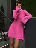 Fongt Knitted High-Necked Dress 2023 Solid Color A Word Autumn And Winter Bag Hip Short Sweater