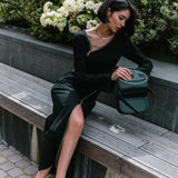 Fongt Women's Early Spring 2024 New Diagonal Shoulder Design Sense Zipper Slit Black Hip Wrap Dress-Outfit