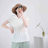 Fongt Folded Summer New High-End Pure Color Temperament Elegant Collar Short Sleeve Blouse Hand Folding Top