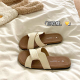 Fongt Soft Base Without Tired Feet Cross Word Drag Summer New Fairy Style With Skirt Flat Beach Sandals