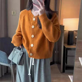 New Spring And Autumn Style Pure Color Sweet Wind Knitted Cardigan Women's Coat Round Collar With Large Buttons And High-Grade Sensitive Woolen Clothes-Outfit