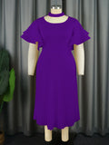 Fongt Casual Comfort Hollow Collar Folding Skirt Elegant Style Level Feel Horn Sleeve Dress Dress Dress