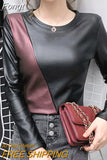 PU Leather T Shirt Women Autumn Winter Tee Shirt Pullover Patchwork T Shirts Long Sleeve Top Warm Woman Clothes