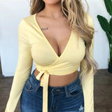 New Casual Basic Women T-shirts Long sleeve Deep V Neck Slim Fit Bandage Pullovers Solid Sexy Club Streetwear Tee