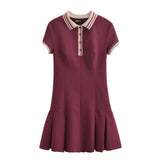 Fongt 2025 New Women's Retro Body-Creats Bumping Color Ribs Wide Folding Dress