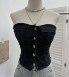 Fongt With Chest Cushions Denim Bra Sleeveless Top Single Buckle One-Pack Short Vest 2738