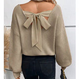 Fongt Women's V-Neck Solid Color Sweater Autumn New Long-Sleeved Casual Loose Bow Top Woman
